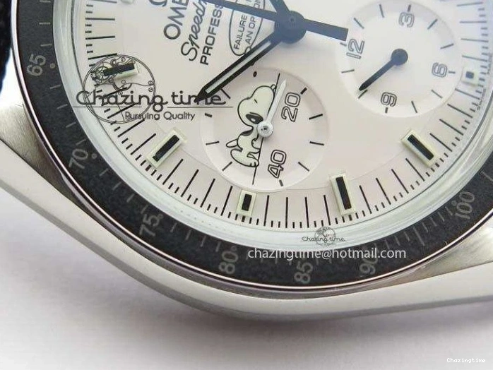 0202 TimelessDesign Speedmaster JHF SS Snoopy Award 45th Anniversary White Dial On Black Nylon Strap 8209